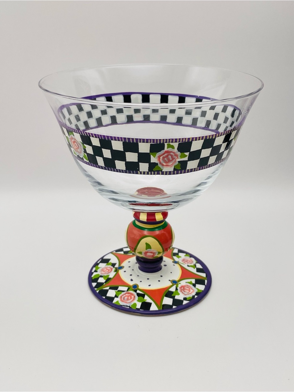 Hand Painted Glass Pedestal Bowl, Florals/Checks, “Meredith Rose” by Artland